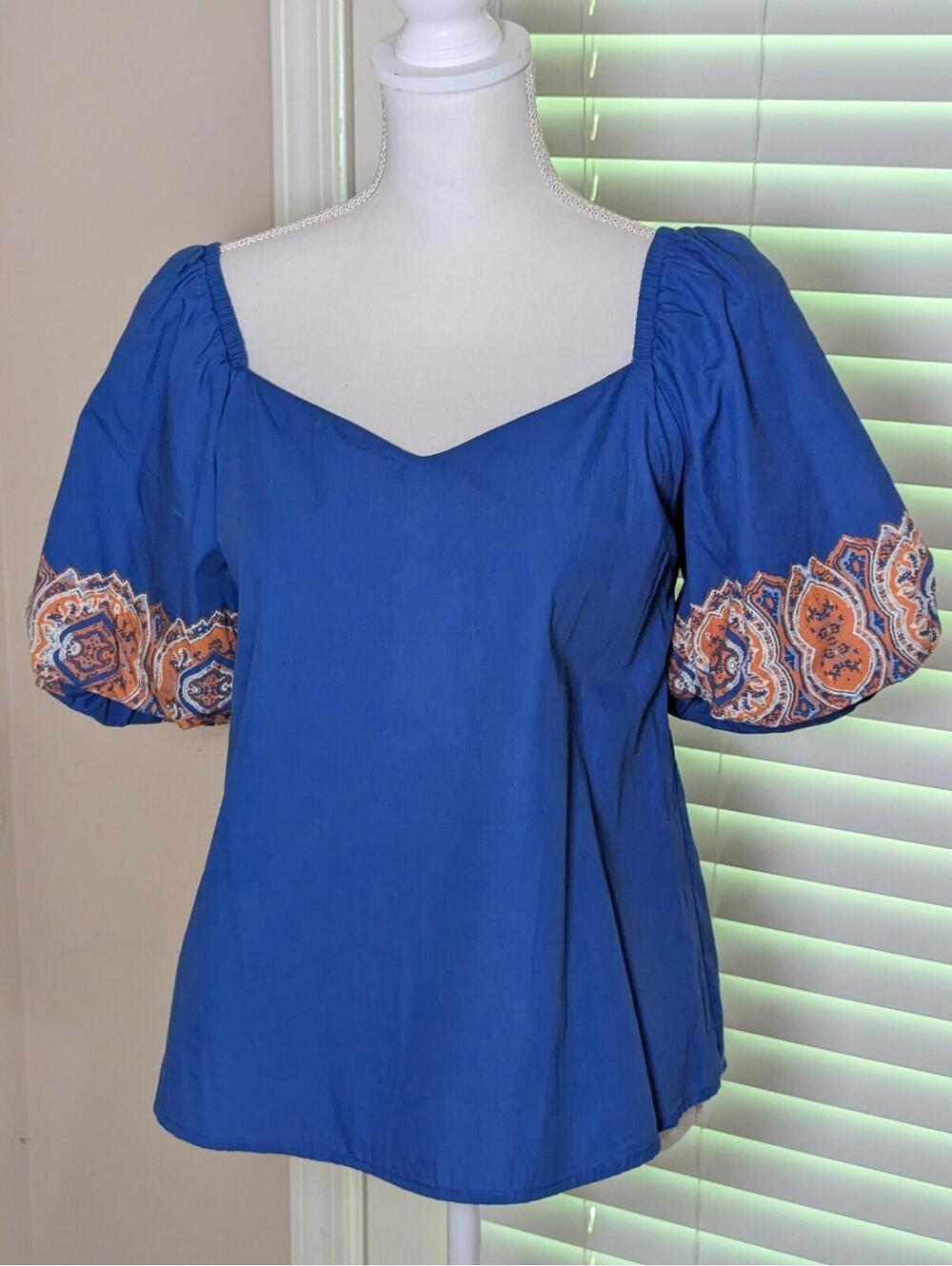 Anna Cate Women's Blue 100% Cotton Puff Sleeve Blouse NWT Xsmall